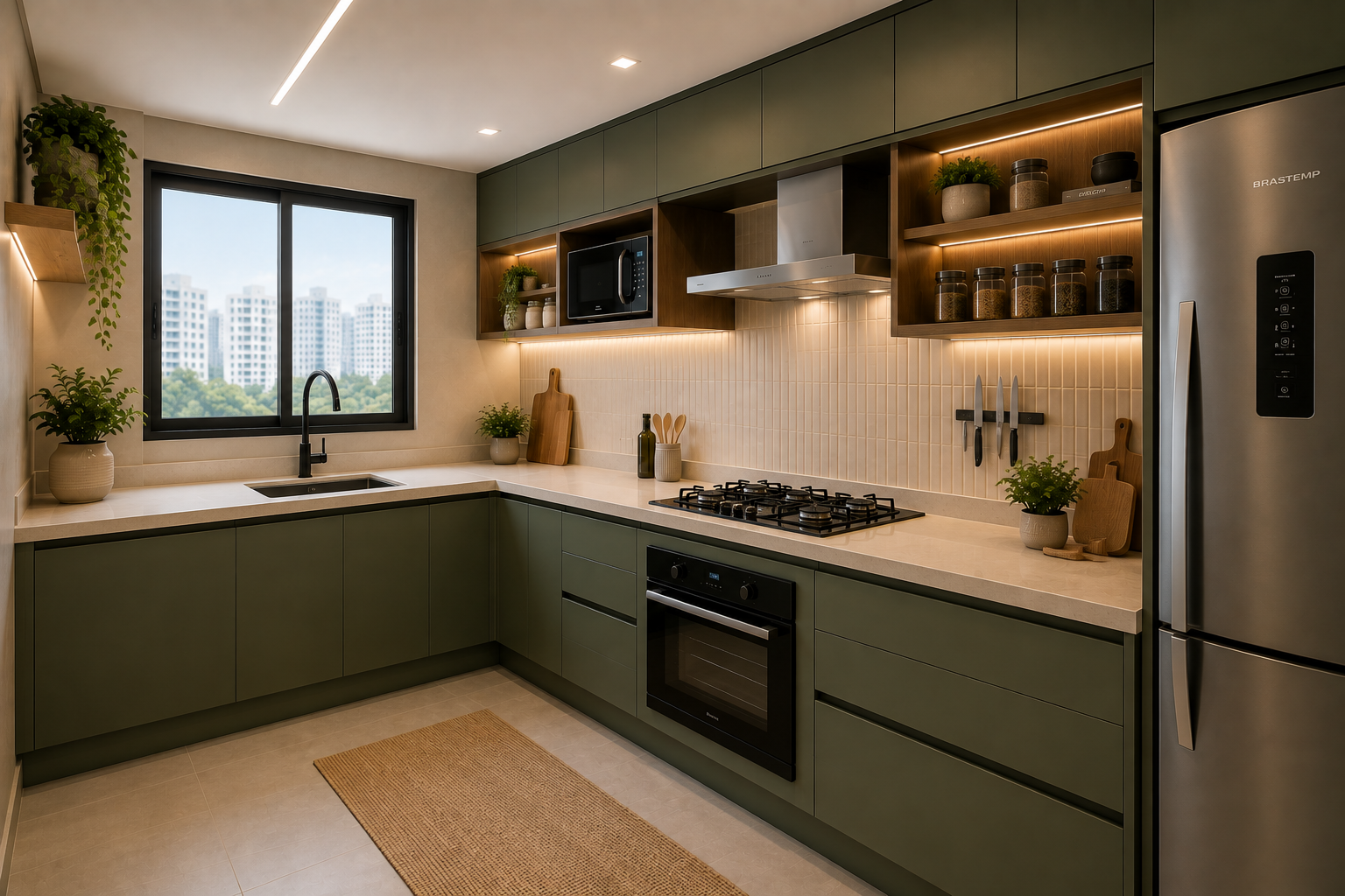 Cozinha planejada em L com móveis sob medida em São Paulo