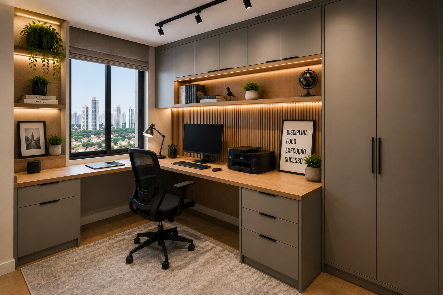 Home office planejado com armários e móveis sob medida em São Paulo