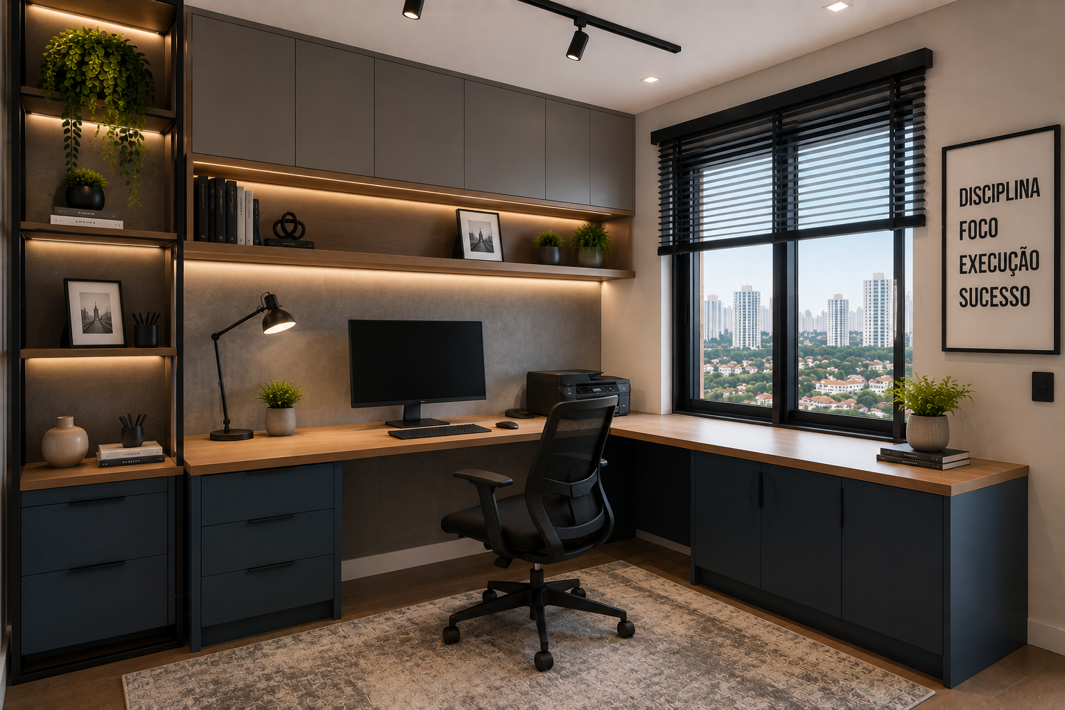 Home office planejado no quarto com móveis sob medida em São Paulo