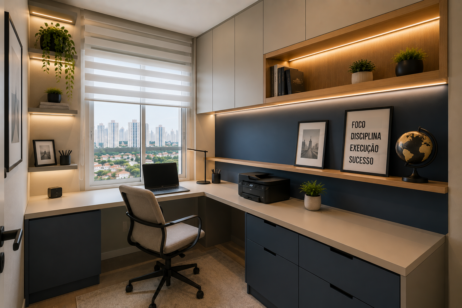 Home office planejado pequeno com móveis sob medida em São Paulo