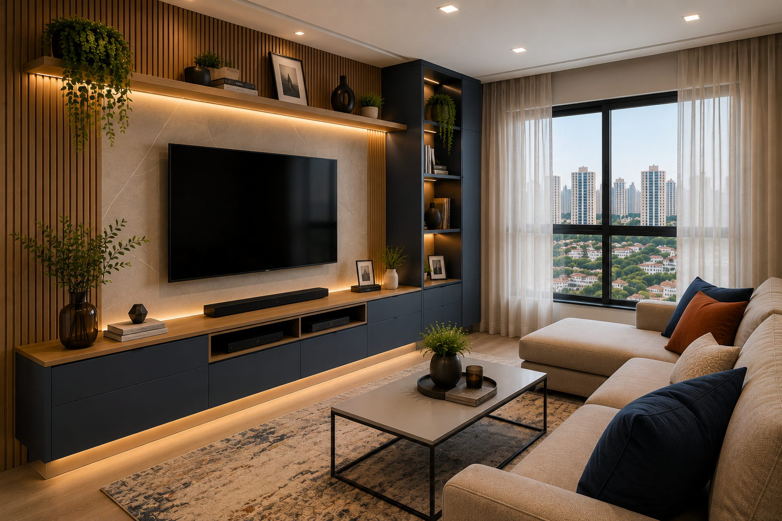 Sala planejada com painel de TV e móveis sob medida em São Paulo