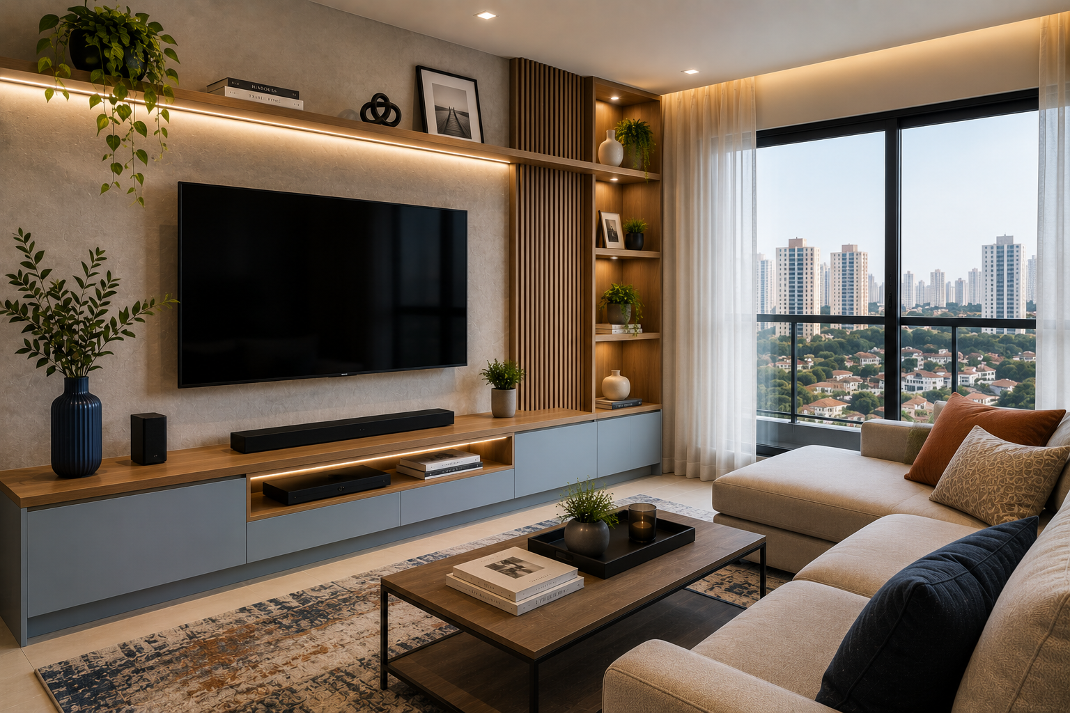 Sala planejada com rack sob medida em São Paulo