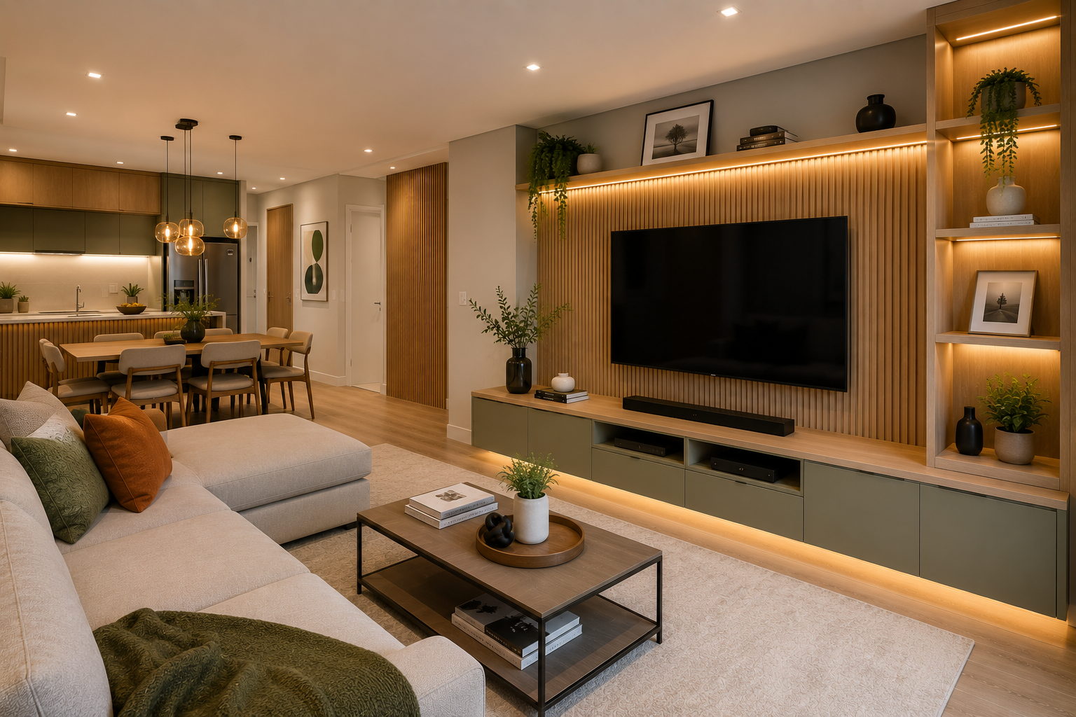 Sala planejada integrada com móveis sob medida em São Paulo